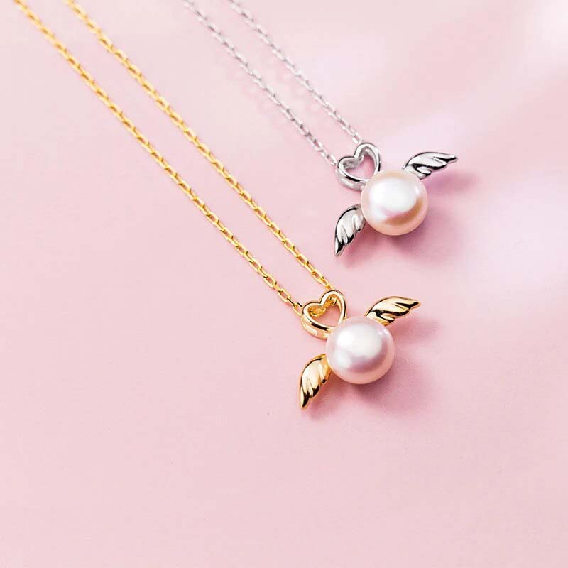 Natural Pearl Silver Wing Hearts Necklace