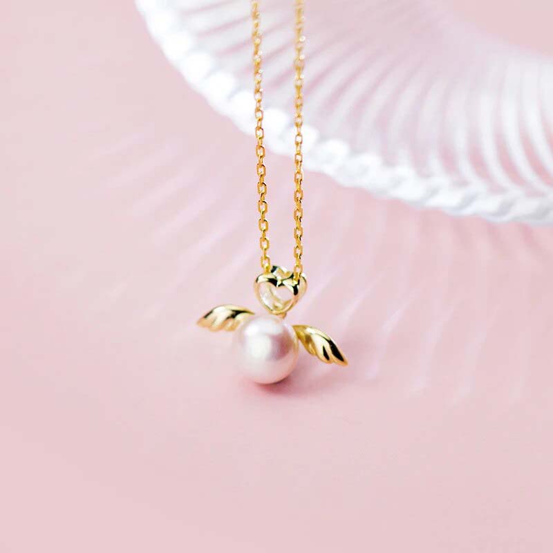 Natural Pearl Silver Wing Hearts Necklace