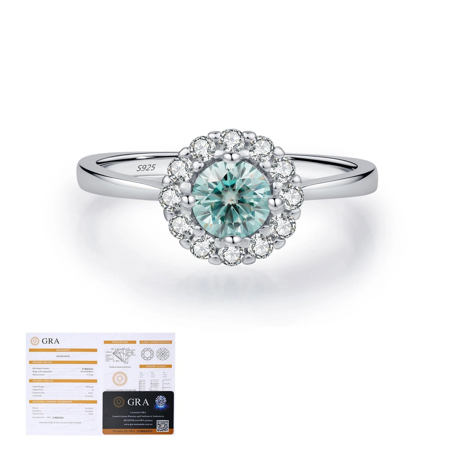 Green Teal Moissanite Halo Ring
