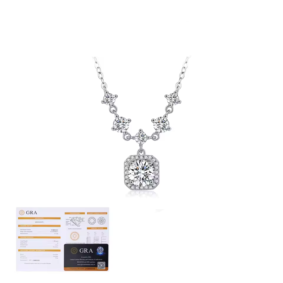 1CT D Color Moissanite Luxury Halo Charm Necklace