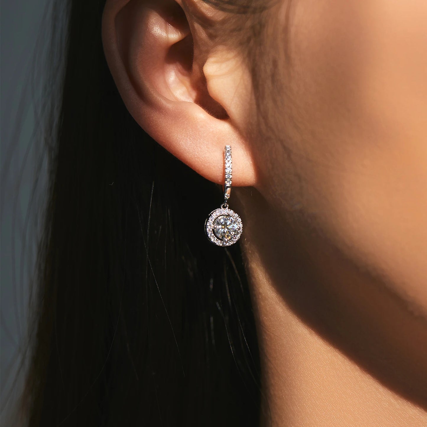 Halo Dangle D Color Moissanite Drop Earrings