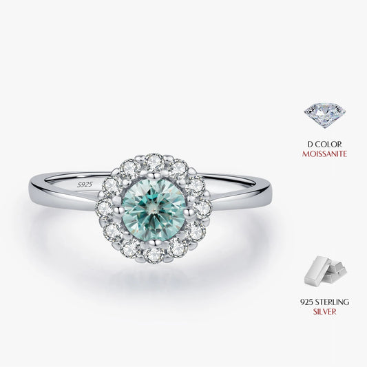 Green Teal Moissanite Halo Ring