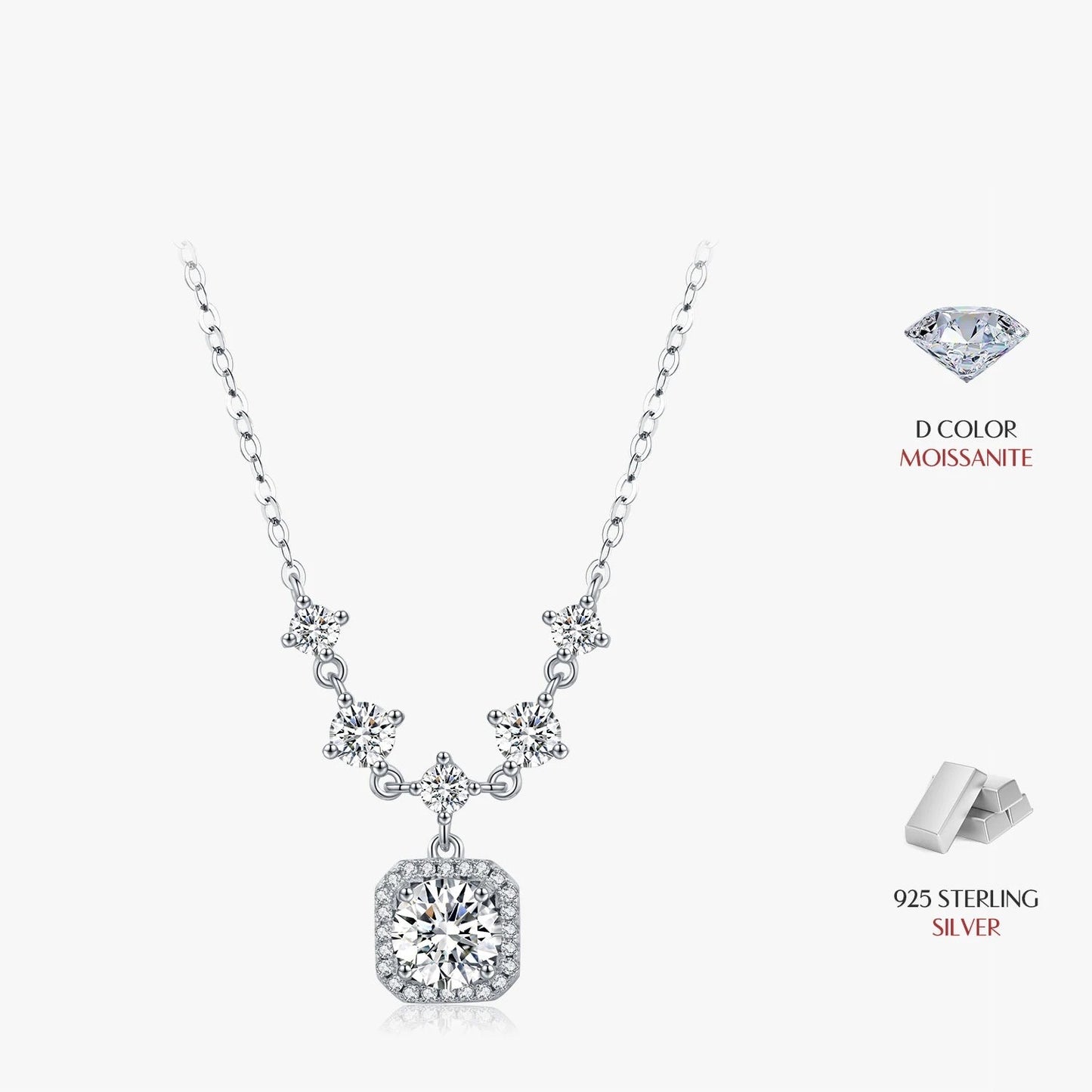 1CT D Color Moissanite   Luxury Halo Charm Necklace