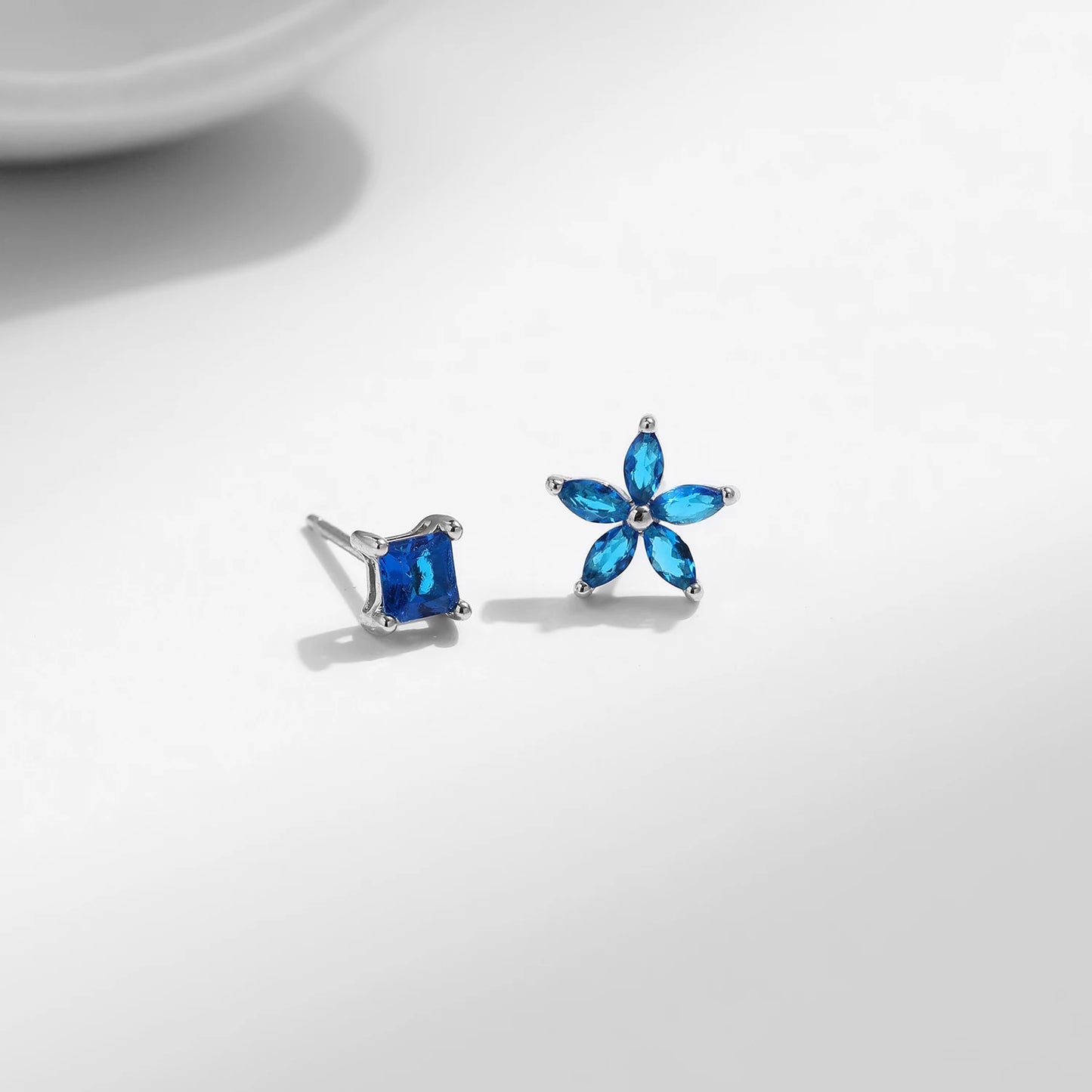 Square & Flowers Blue Zirconia Stud Earrings