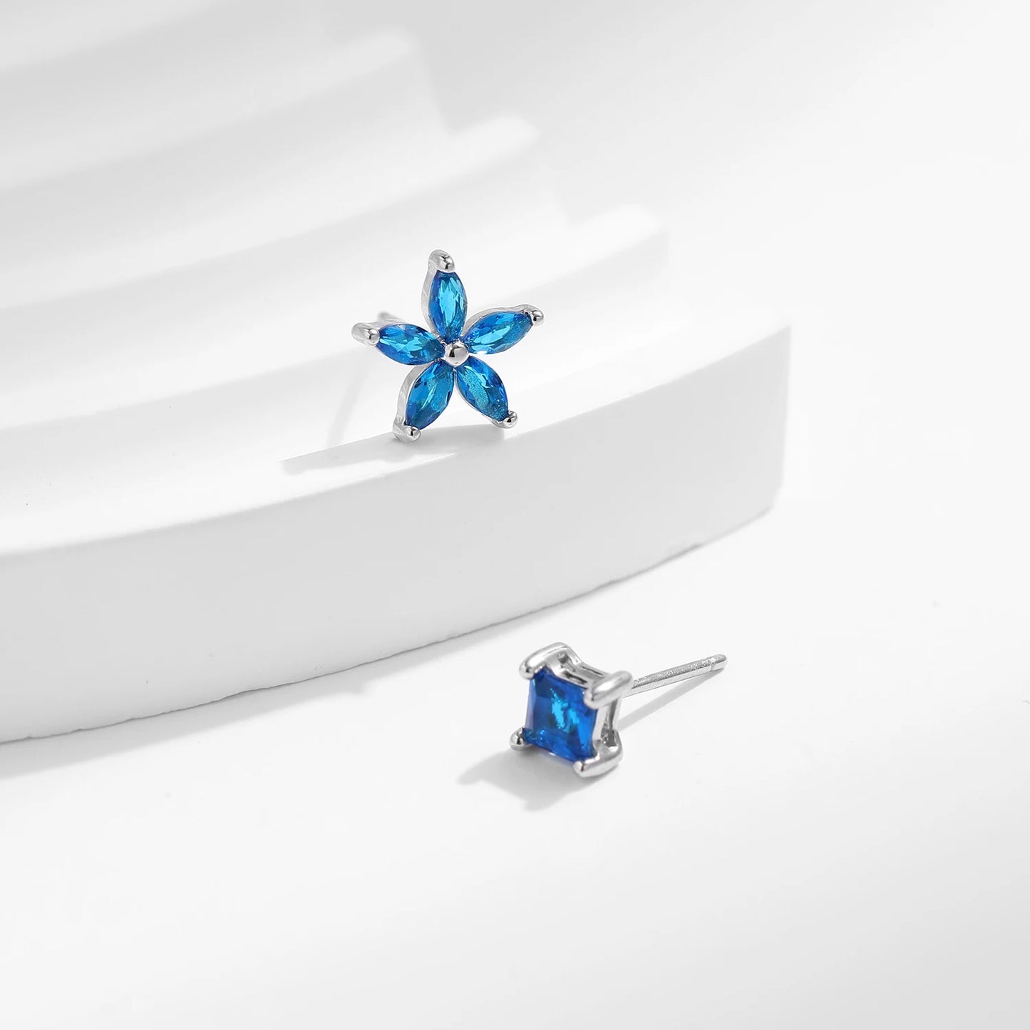 Square & Flowers Blue Zirconia Stud Earrings