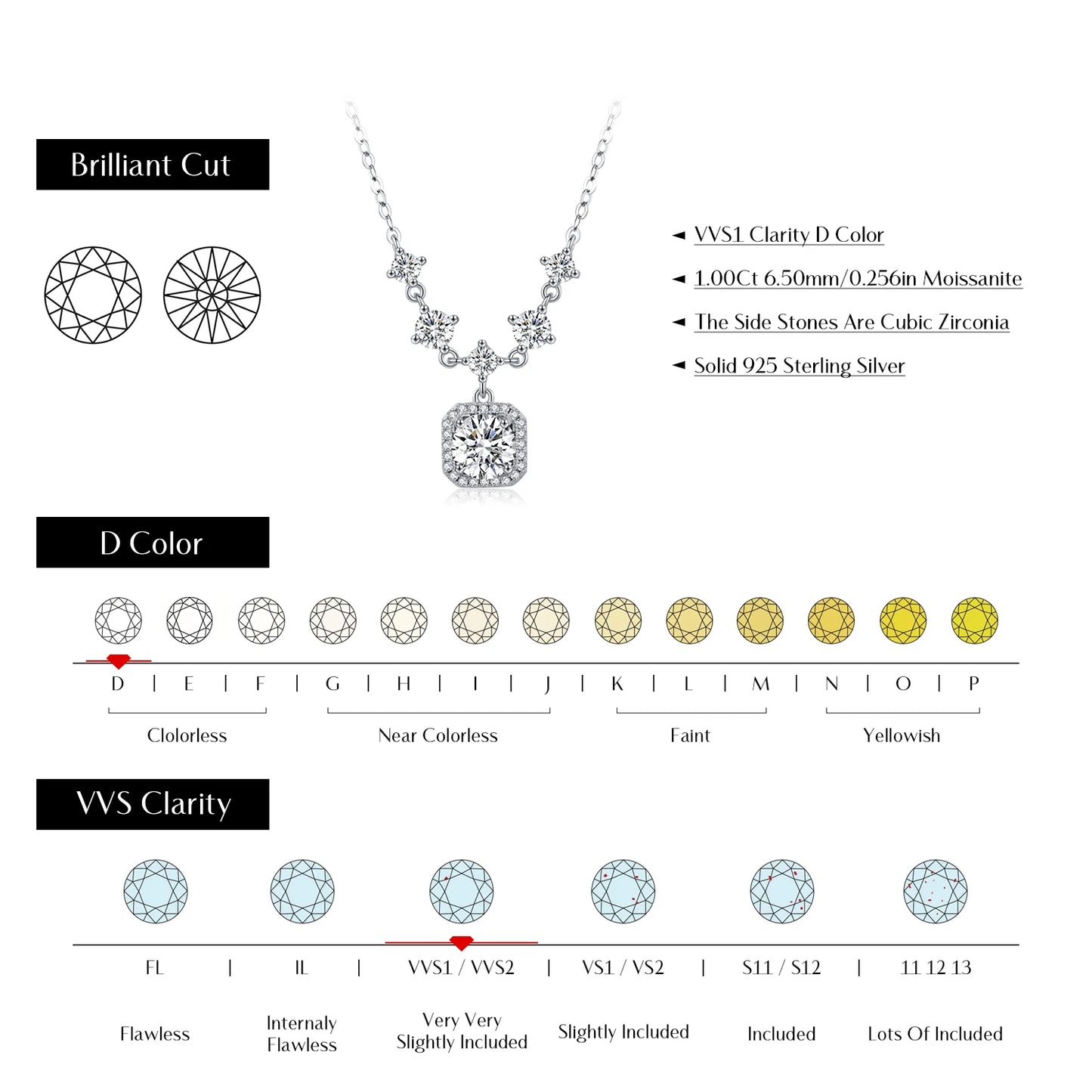 1CT D Color Moissanite   Luxury Halo Charm Necklace