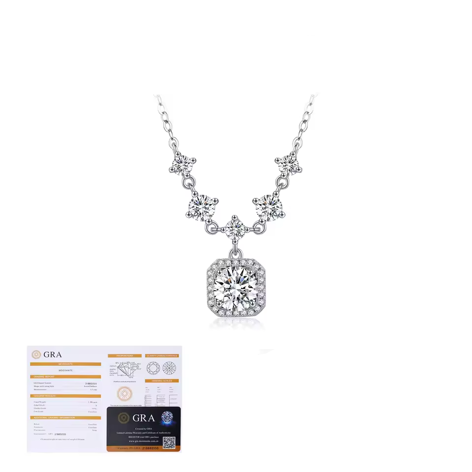 1CT D Color Moissanite   Luxury Halo Charm Necklace