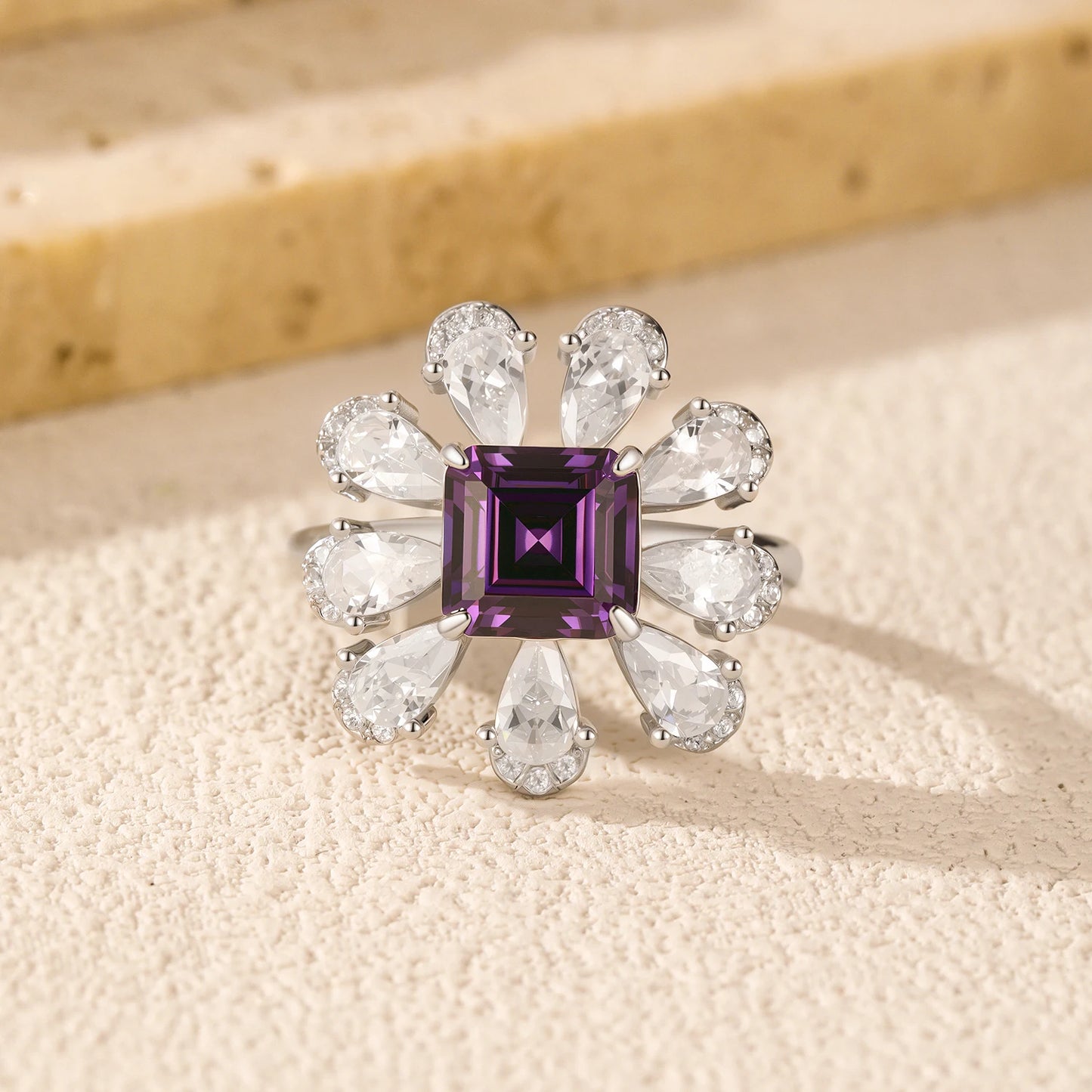 Luxury Ascher Cut Violet Flower Ring